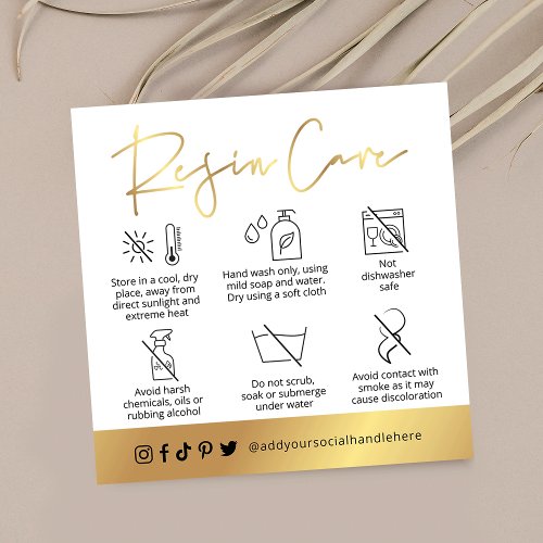 White  Gold Script Logo Resin Coasters Care Guide Square Business Card