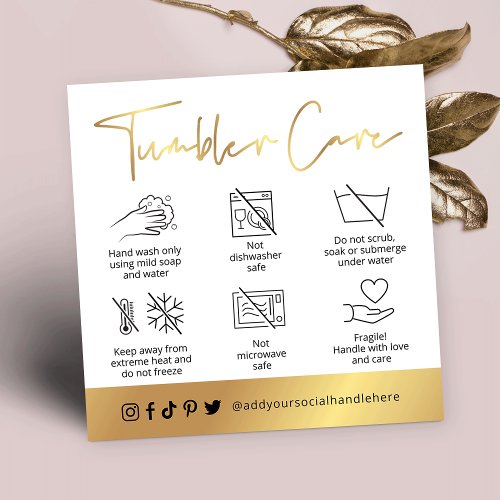 White  Gold Script Logo Tumbler Cup Care Guide Square Business Card