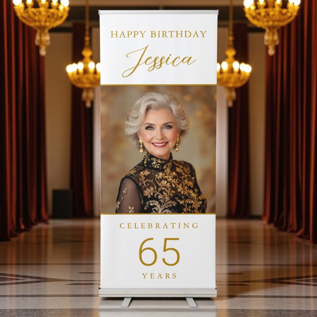 White Gold Script Photo Any Age Birthday Retractable Banner (Creator Uploaded)