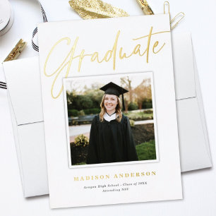 White + Gold Script Photo Graduation Announcement
