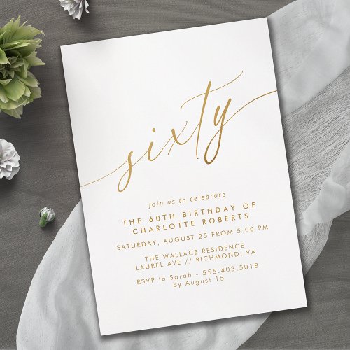 White  Gold Script  Simple Elegant 60th Birthday Invitation