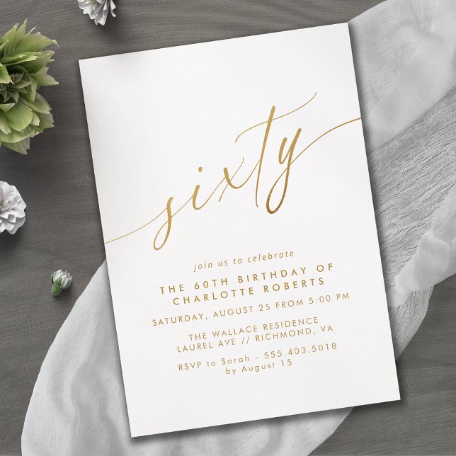 White & Gold Script | Simple Elegant 60th Birthday Invitation (Creator Uploaded)