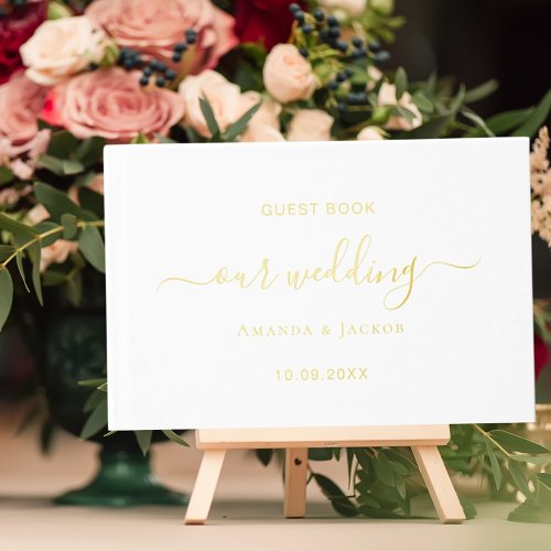 White gold script wedding  foil guest book 