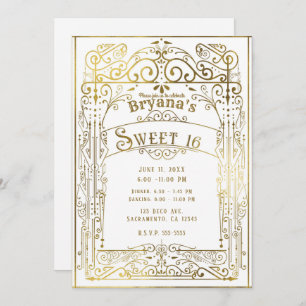 White & Gold Shine Vintage Victorian Deco Sweet 16 Invitation