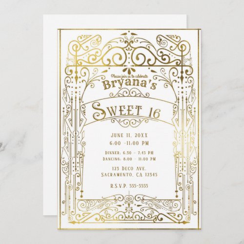 White  Gold Shine Vintage Victorian Deco Sweet 16 Invitation