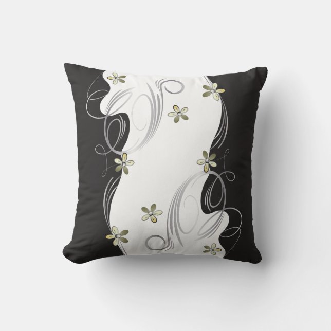 White, Gold, Silver, Black Floral Design Throw Pillow (Front)