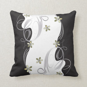 White, Gold, Silver, Black Floral Design Throw Pillow