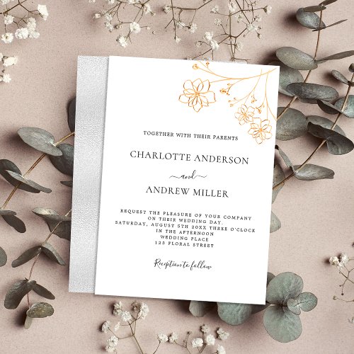 White gold silver floral elegant luxury wedding invitation