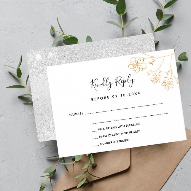 White gold silver floral elegant wedding RSVP Note Card (Creator Uploaded)