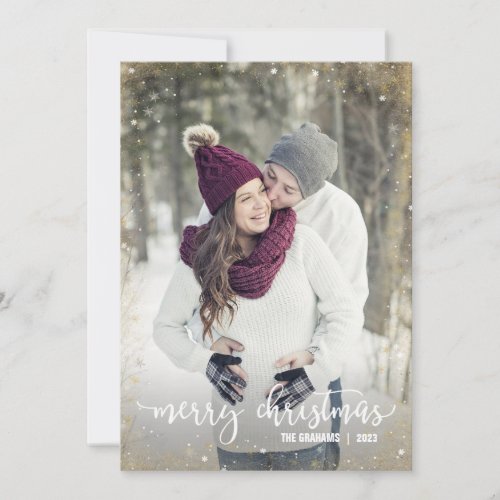 White Gold Silver Snowflake Photo Christmas Cards