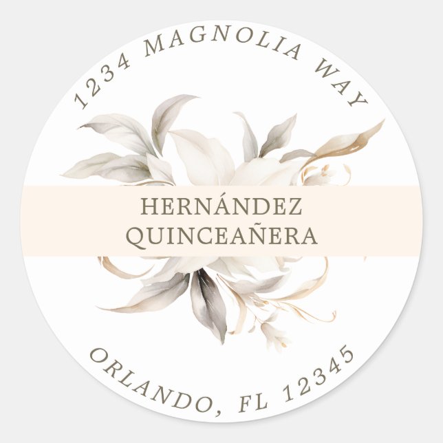 White Gold Silver Winter Florals Quinceañera Classic Round Sticker (Front)