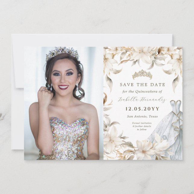 White Gold Silver Winter Florals Quinceañera Dress Save The Date (Front)