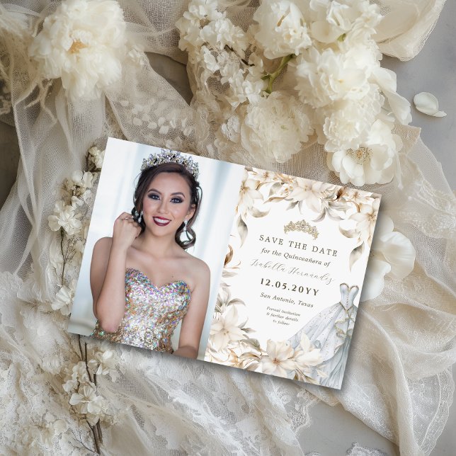 White Gold Silver Winter Florals Quinceañera Dress Save The Date (This elegant white and gold quince invitation is perfect for a chic, sophisticated look.)