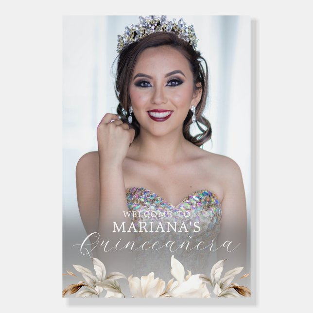 White Gold Silver Winter Florals Quinceañera Foam Board (Front)