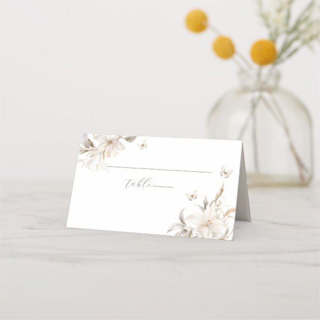 White Gold Silver Winter Florals Quinceañera Place Card (Front)