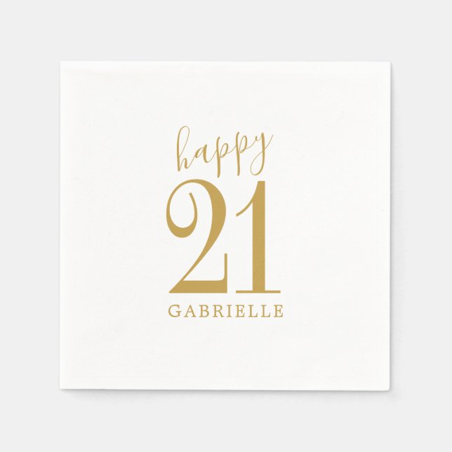White Gold Simple Happy Custom Age Name Birthday Napkins (Front)