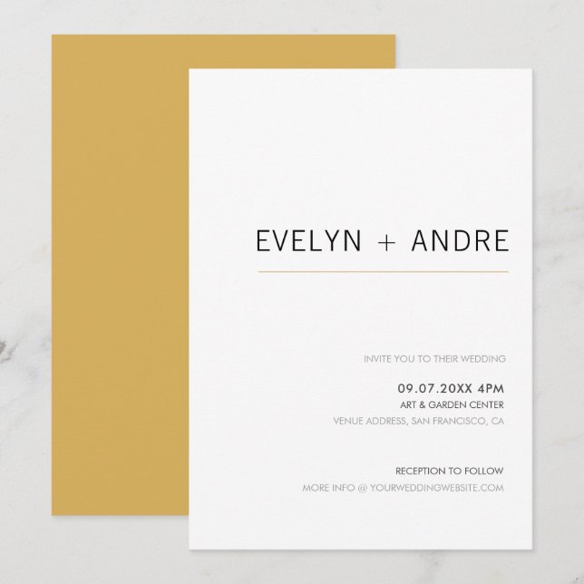 White & Gold Simple Modern Minimalist Wedding Invitation (Front/Back)