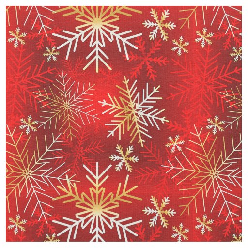 White & Gold Snowflakes on Red Background Fabric