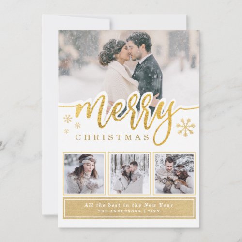 White Gold Snowy Merry Christmas Photo Collage Holiday Card