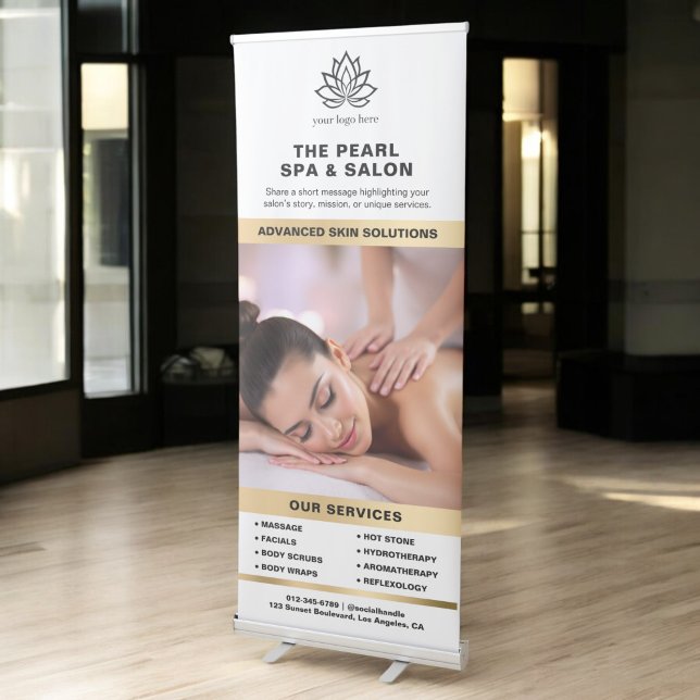 White & Gold Spa Salon Services Photo Business Retractable Banner (Creator Uploaded)