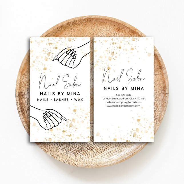 White & Gold Specks Hand Nail Salon Business Card (Creator Uploaded)