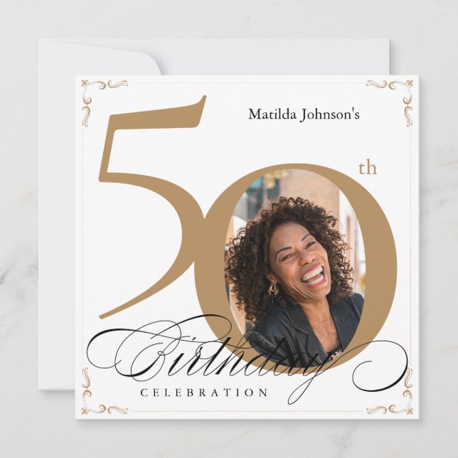 White Gold Square 50th Birthday Calligraphy Photo Invitation (Front)