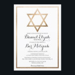 White Gold Star Border Bar Mitzvah Hebrew Name Invitation<br><div class="desc">This modern and elegant bar mitzvah invitation with the Hebrew name is perfect for your child's special day. It features a faux printed gold foil Star of David and border on top of a simple white background with ornate cursive typography. It's chic, minimalist, and regal. ***IMPORTANT DESIGN NOTE: For any...</div>