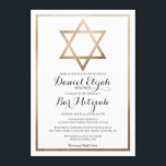 White Gold Star Border Bar Mitzvah Hebrew Name Invitation<br><div class="desc">This modern and elegant bar mitzvah invitation with the Hebrew name is perfect for your child's special day. It features a faux printed gold foil Star of David and border on top of a simple white background with ornate cursive typography. It's chic, minimalist, and regal. ***IMPORTANT DESIGN NOTE: For any...</div>