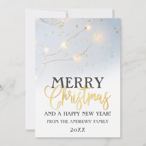 White Gold Star Confetti Glowing Lights Christmas Holiday Card