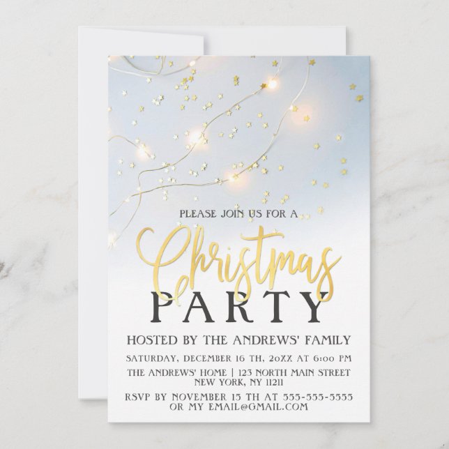 White Gold Star Confetti Glowing Lights Christmas Invitation (Front)