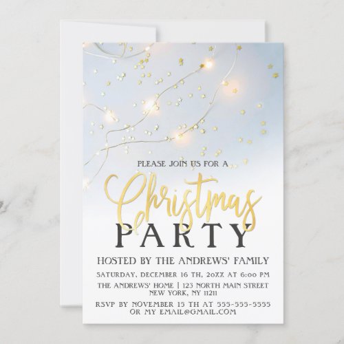 White Gold Star Confetti Glowing Lights Christmas Invitation