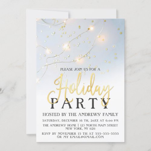 White Gold Star Confetti Glowing Lights Holiday Invitation