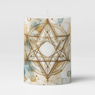 White Gold Star Of David, Alcohol Ink Watercolor Pillar Candle