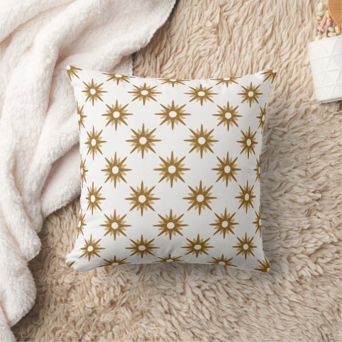 White  Gold Starburst Pattern Throw Pillow