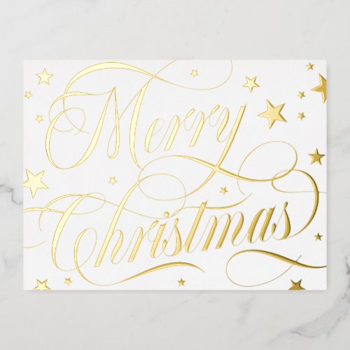 White Gold Starry Merry Christmas Foil Holiday Postcard