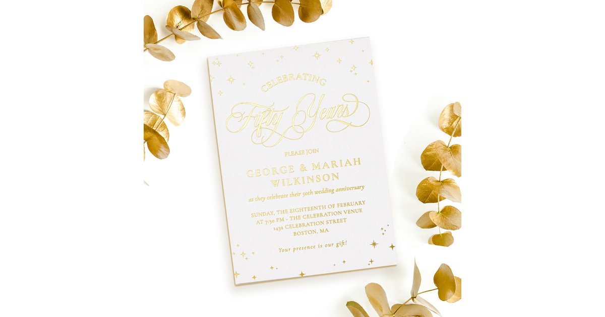 White Gold Stars 50th Wedding Anniversary Foil Invitation | Zazzle