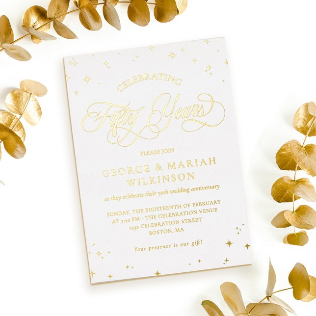 White Gold Stars 50th Wedding Anniversary  Foil Invitation (Creator Uploaded)