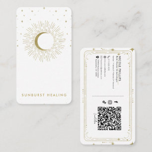 White & Gold Stars Celestial Sunburst Moon QR Business Card
