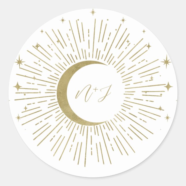 White & Gold Stars Celestial Sunburst Moon Wedding Classic Round Sticker (Front)
