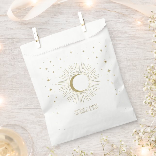 White & Gold Stars Celestial Sunburst Moon Wedding Favor Bag (Clipped)