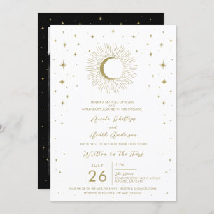 White & Gold Stars Celestial Sunburst Moon Wedding Invitation