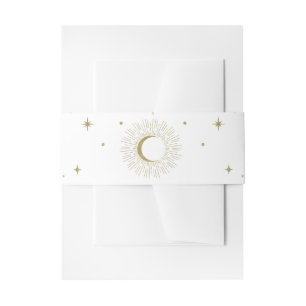 White & Gold Stars Celestial Sunburst Moon Wedding Invitation Belly Band