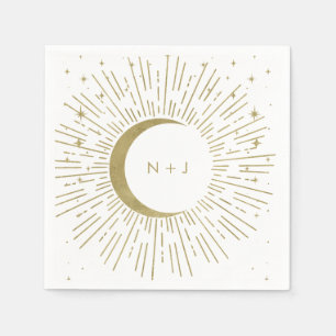 White & Gold Stars Celestial Sunburst Moon Wedding Napkins
