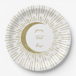 White & Gold Stars Celestial Sunburst Moon Wedding Paper Plates