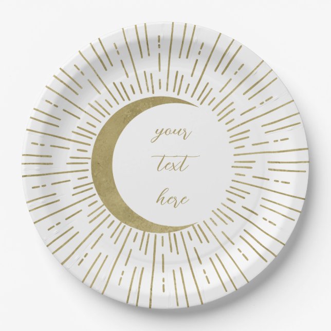 White & Gold Stars Celestial Sunburst Moon Wedding Paper Plates (Front)