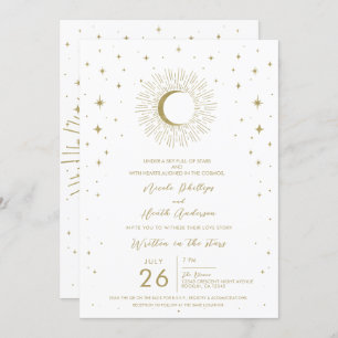 White Gold Stars Celestial Sunburst Photo Wedding Invitation