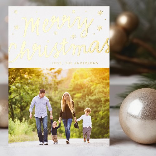 White Gold Stars Merry Christmas Lettering Photo Foil Holiday Card