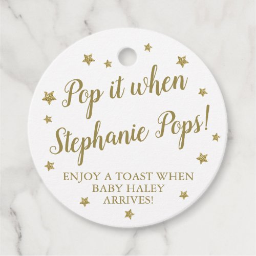 White  Gold Stars Pop It Baby Shower Champagne  Favor Tags