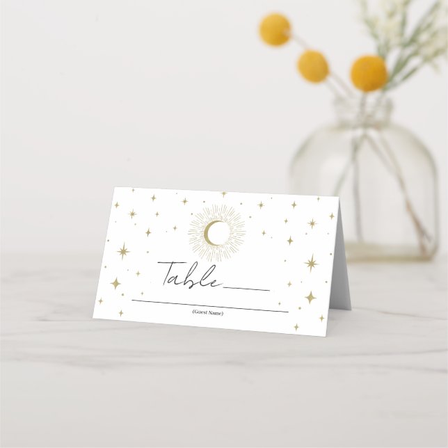 White Gold Stars Sunburst Moon Seating Place  Place Card (Front)