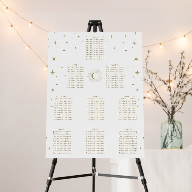White & Gold Stars Sunburst Moon Wedding Seating Foam Board (In Situ (Stand))